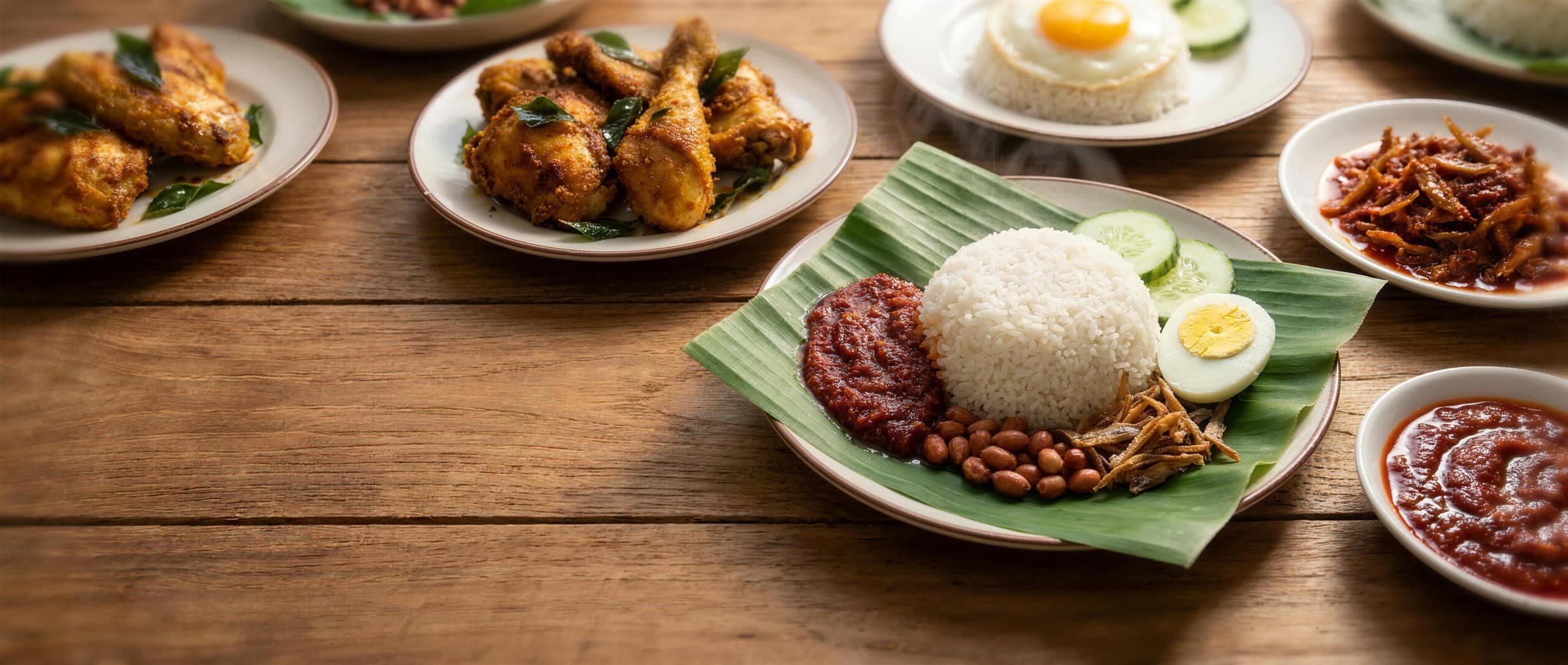 A nasi lemak spread — banana-leaf plate of coconut rice with sambal, ikan bilis, peanuts and egg, beside ayam goreng berempah and fried-egg variations