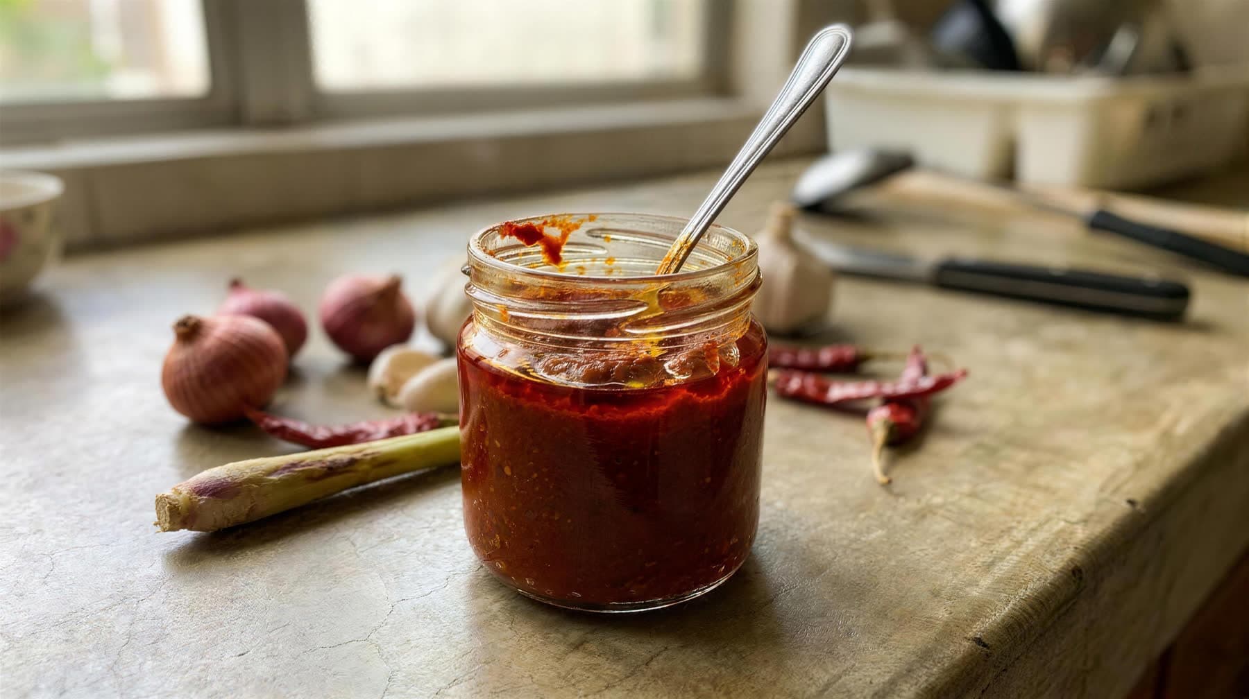 A jar of deep-red pes serbaguna with shallots, garlic, dried chillies, and lemongrass beside it