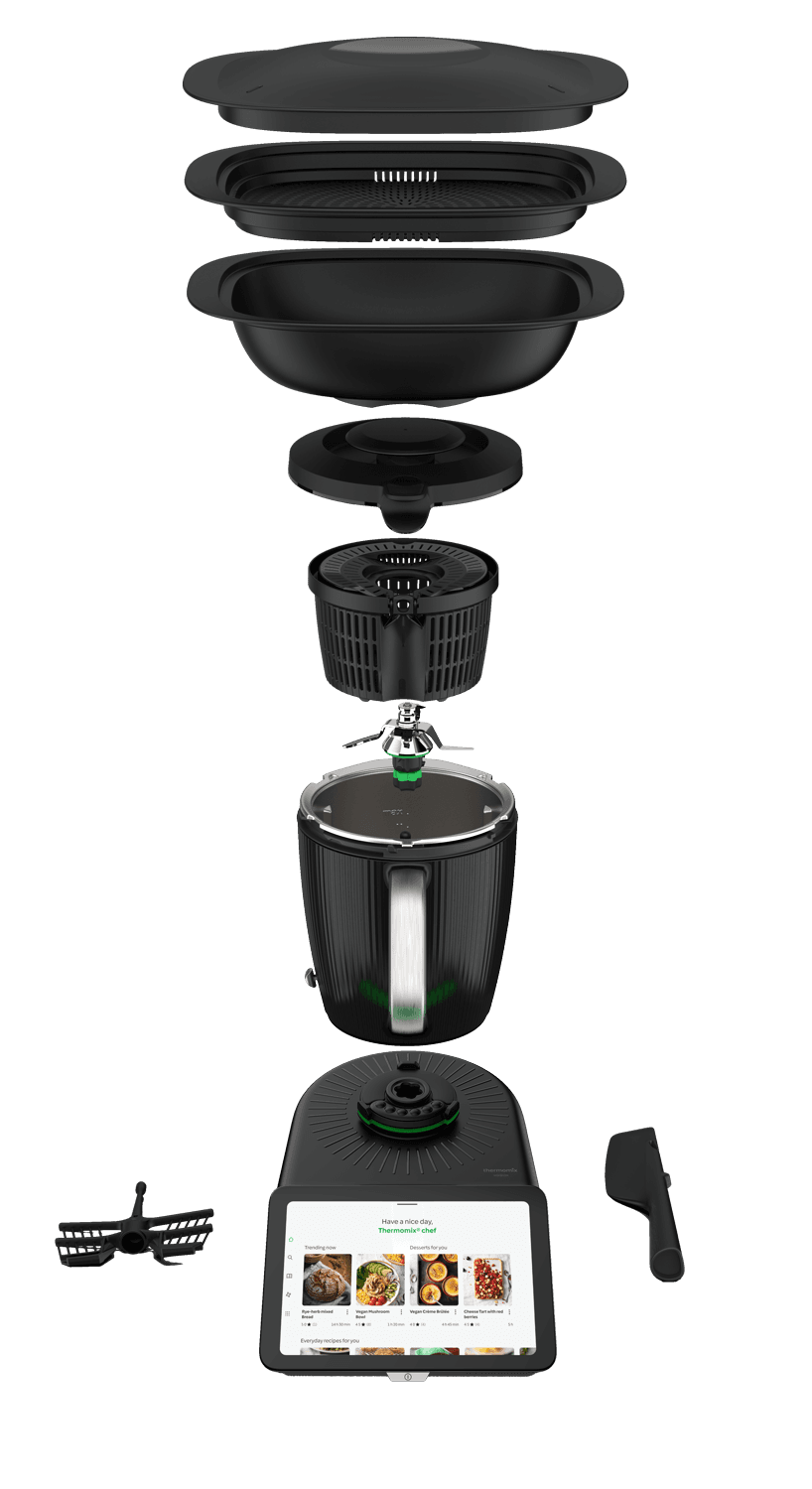 The Thermomix® TM7 shown exploded — Varoma set, lid, simmering basket, blade, mixing bowl and base