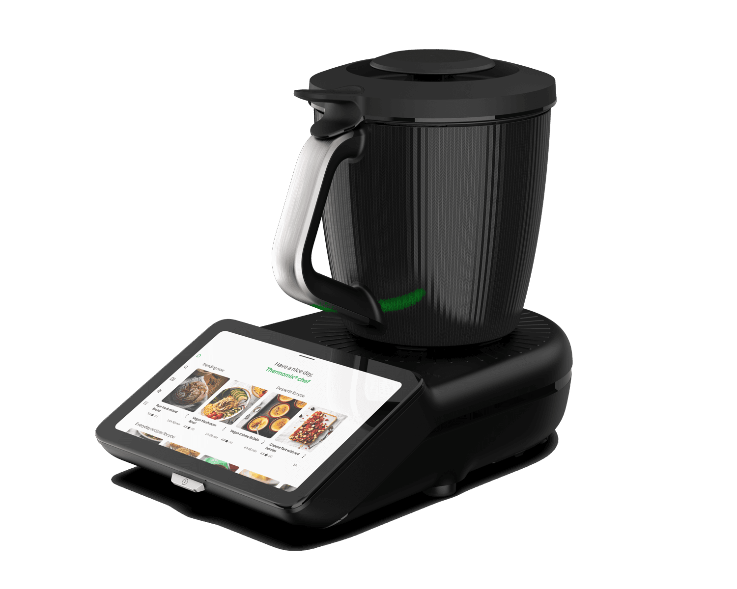 The all-new Thermomix® TM7, screen lit with the recipe library