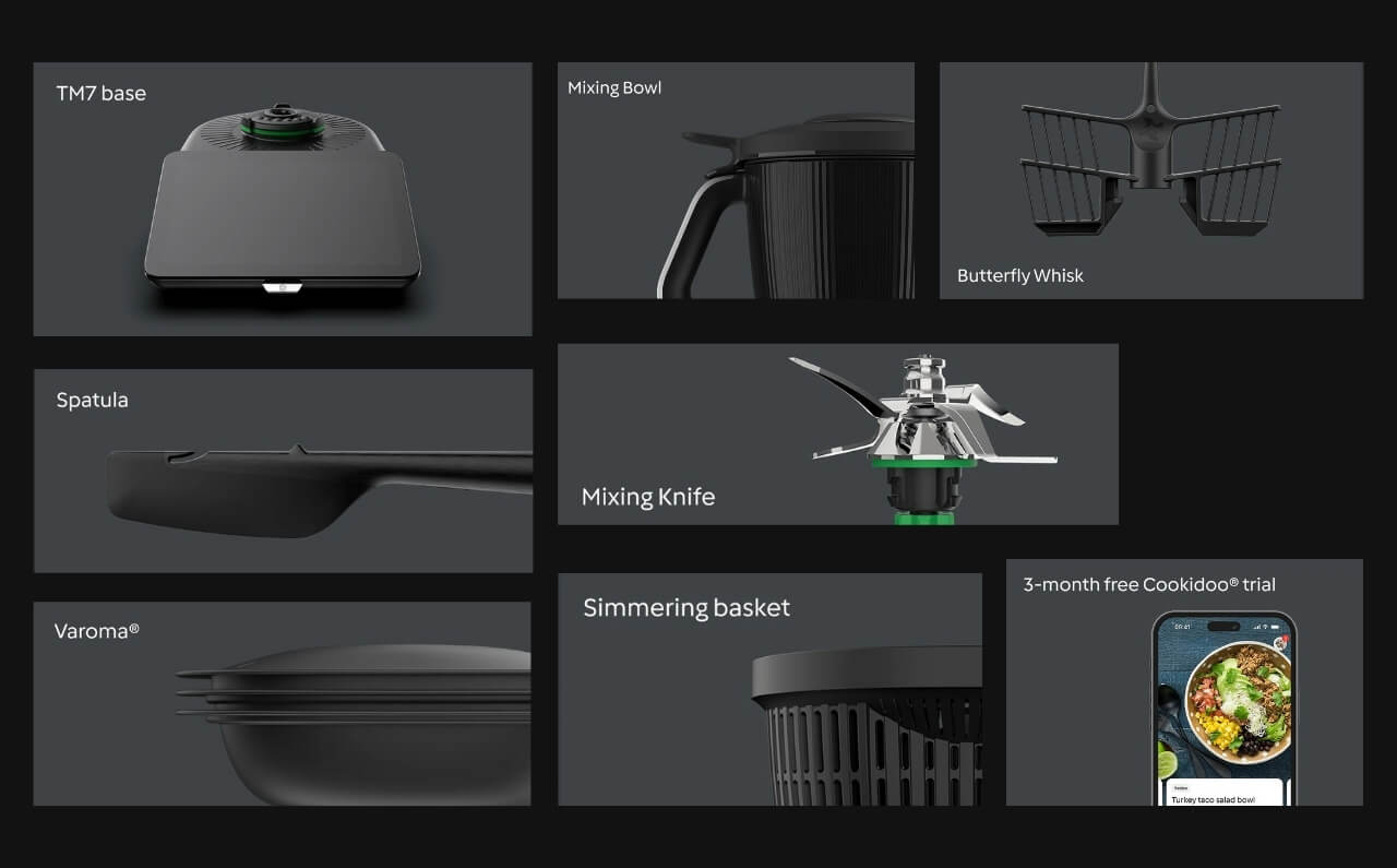 Thermomix 7 displayed with all its updated accessories, designed to enhance functionality and make cooking more practical and efficient.