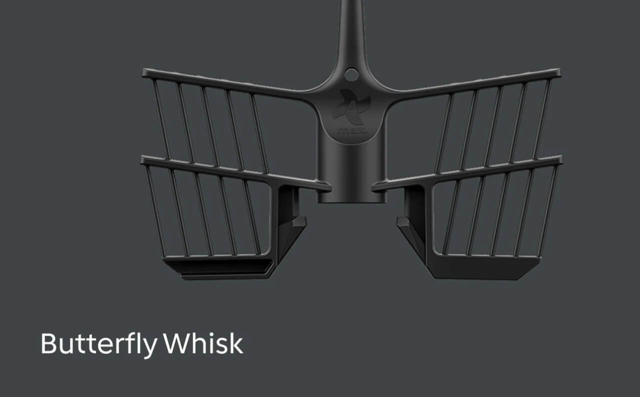 Close-up of the Thermomix 7’s butterfly whisk attachment, ideal for whipping cream, whisking eggs, and creating light, airy textures.