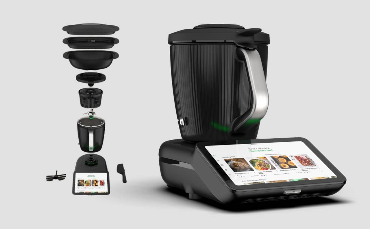 Thermomix 7 device with a modern, sleek design, highlighting its smart features and elegant presence in the kitchen.